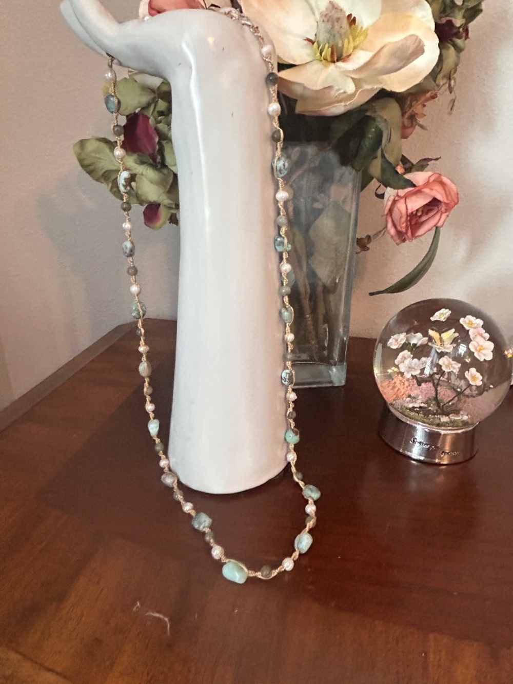 Hand Crocheted 32” Pearl And Green Stone Necklace